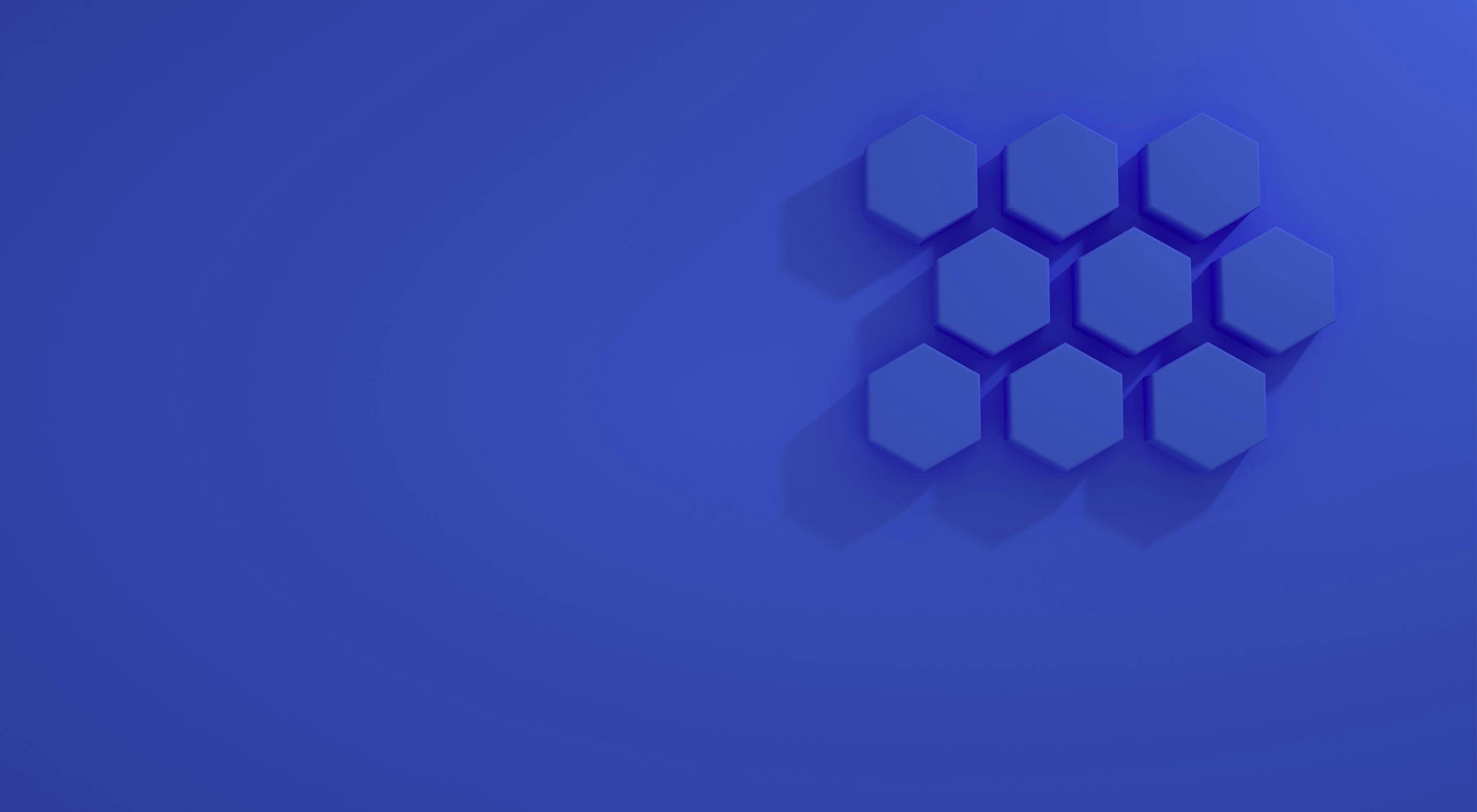A minimalist abstract design featuring blue hexagons on a blue background.